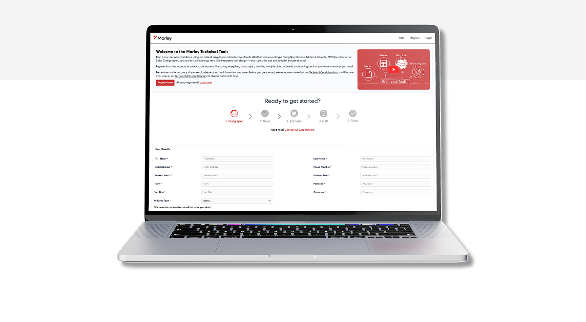 Marley online technical tools displayed on a laptop screen