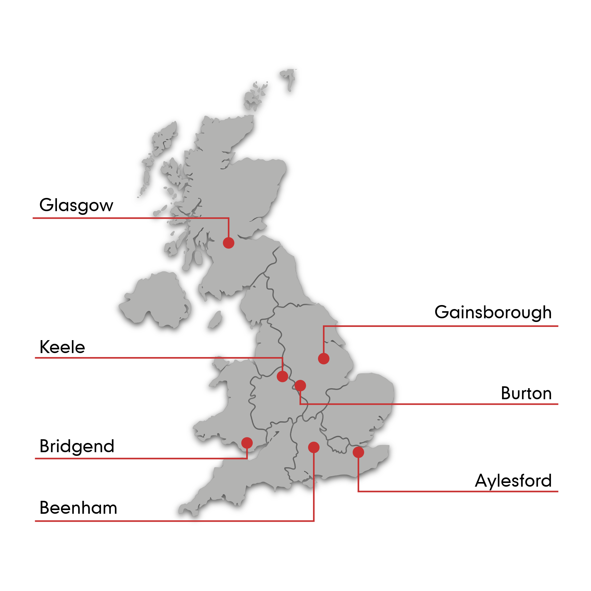 The image displays a map of the UK which showcases the locations of Marley's sites.